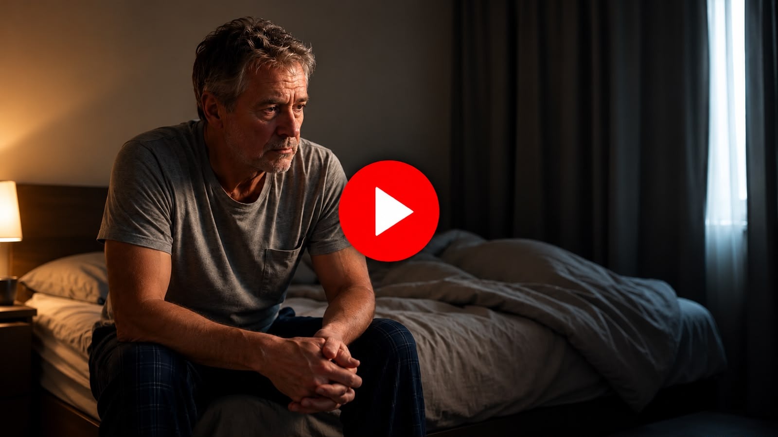 A mature man sitting awake on the edge of his bed at night, with a red play button